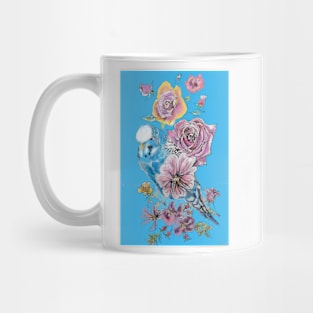 Blue Budgie and Rose Watercolor Painting on Blue Mug